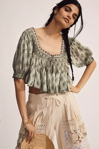 Pilcro Short-sleeve Crop Babydoll Blouse In Green