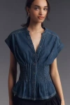 Pilcro Short-sleeve Pleated Corset Blouse In Blue