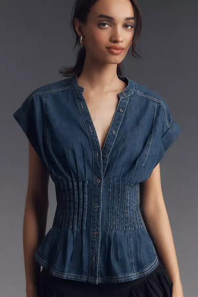 Pilcro Short-sleeve Pleated Corset Blouse In Blue
