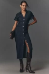 Pilcro Short-sleeve Ruched Denim Midi Shirt Dress In Black