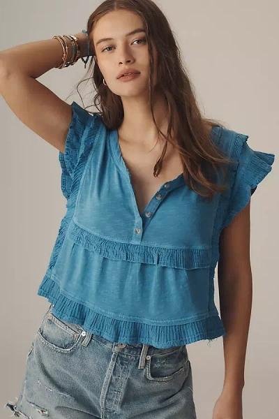 Pilcro Short Sleeve Ruffle-trim Henley Baby T-shirt In Blue
