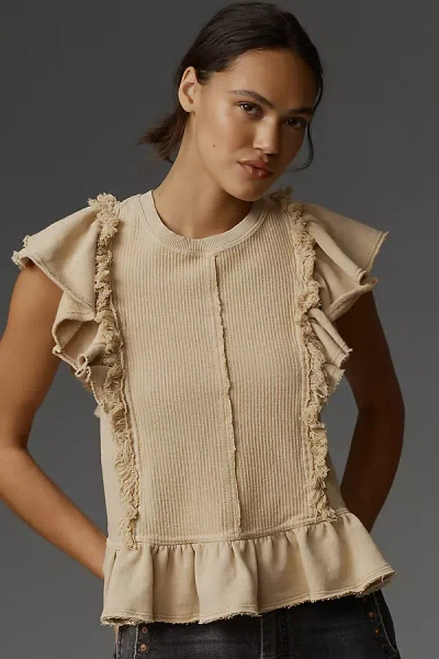 Pilcro Short-sleeve Ruffled Fringe Sweatshirt In Beige