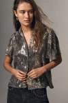 Pilcro Short-sleeve Sequin Buttondown Blouse In Gray