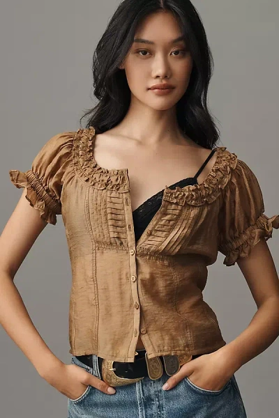 Pilcro Short-sleeve Sheer Silky Blouse In Brown