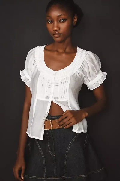 Pilcro Short-sleeve Sheer Silky Blouse In White
