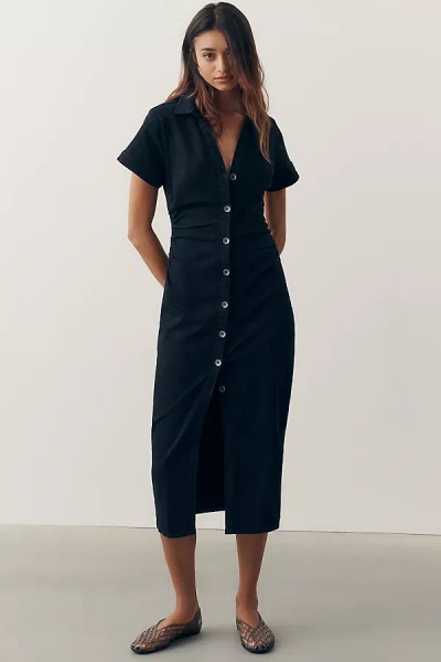 Pilcro Short-sleeve Ruched Denim Midi Shirt Dress In Blue