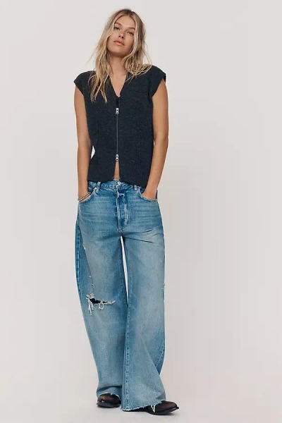 Pilcro Short-sleeve Two-way Zip-front Sweater In Blue