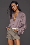 Pilcro Silky Smocked Buttondown Shirt In Purple