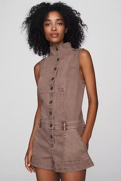 Pilcro Sleeveless Funnel-neck Denim Romper In Beige
