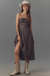 PILCRO SLEEVELESS SMOCKED PLAID MIDI DRESS