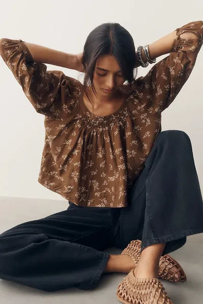 Pilcro Smocked Babydoll Top In Brown
