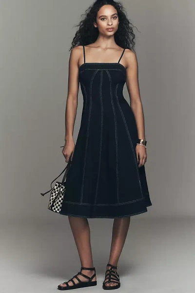 Pilcro Square-neck Seamed Chambray Midi Dress In Black