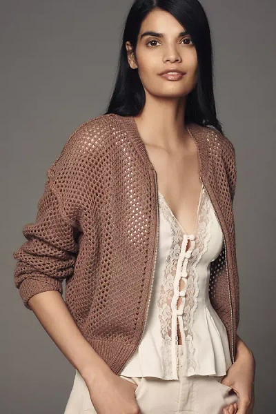 Pilcro Stitchy Bomber Cardigan Sweater In Brown