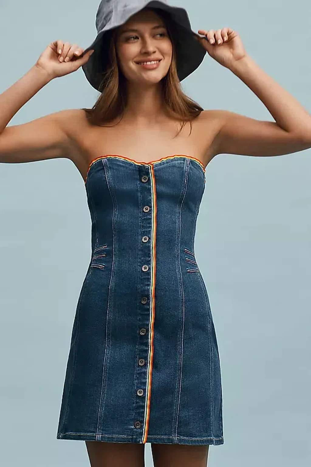 Pilcro Strapless Button-front Denim Mini Dress In Blue | ModeSens