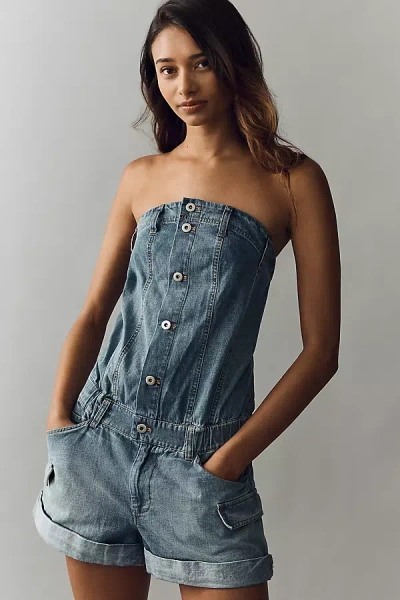 Pilcro Strapless Button-front Denim Romper In Blue