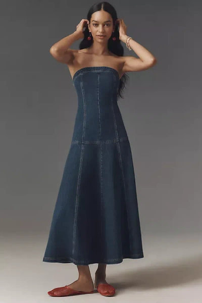 Pilcro Strapless Drop-waist Denim Midi Dress In Blue