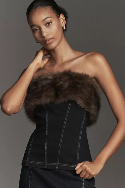 Pilcro Strapless Faux-fur Trim Denim Top In Black