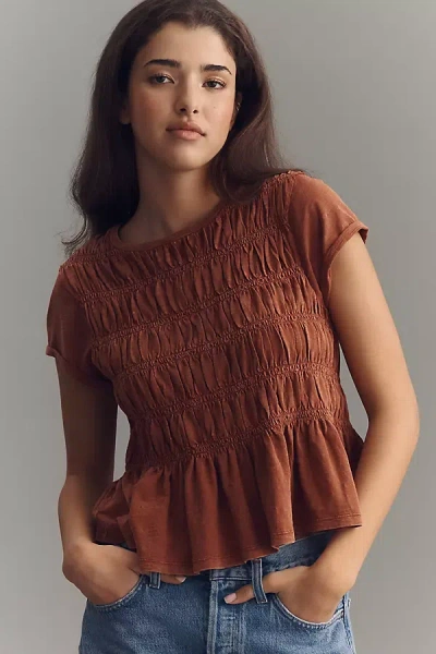 Pilcro Tabby Ruched Cap-sleeve Tee By  In Brown