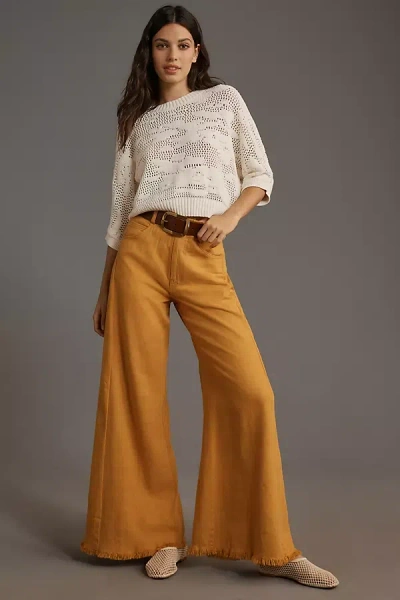 Pilcro The Adi Mid-rise Frayed Relaxed Flare Pants By : Linen Edition In Gold