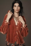 Pilcro The Keira Collared Button-front Blouse By : Long-sleeve Velvet Edition In Red