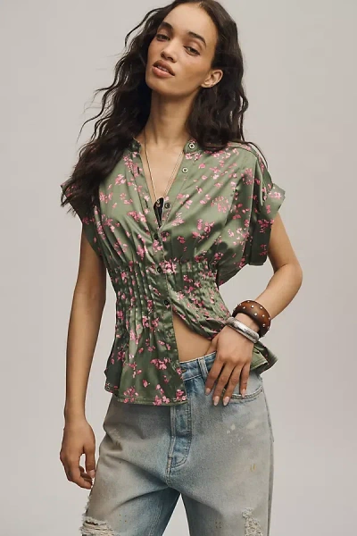 Pilcro The Linden Silky Pleated Waisted Blouse By  In Green