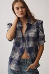 Pilcro The Ozzi Plaid Ruffle-sleeve Buttondown Shirt By  In Blue