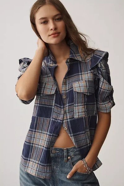Pilcro The Ozzi Plaid Ruffle-sleeve Buttondown Shirt By  In Blue
