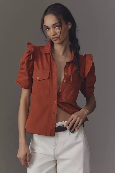 Pilcro The Ozzi Ruffle-sleeve Buttondown Shirt By  In Brown