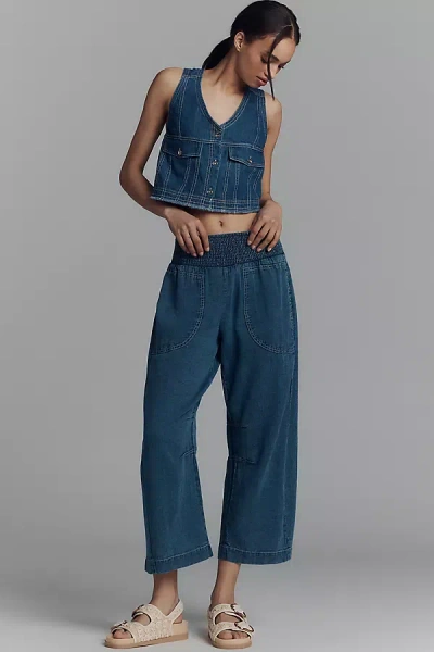 Pilcro The Reese Smocked Pull-on Barrel Pants: Denim Edition In Blue