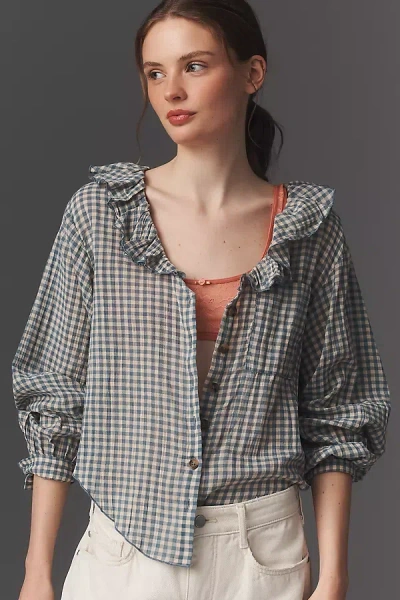 Pilcro The Remy Ruffle Collar Buttondown Shirt By  In Gray