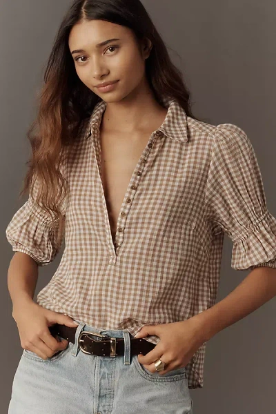 Pilcro The Tallulah Puff Sleeve Buttondown Top By  In Brown