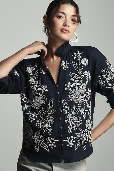 Pilcro The Tavi Buttondown Blouse By : Embroidered Edition In Blue