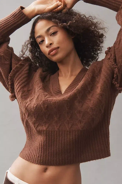 Pilcro V-neck Drop Shoulder Cable Sweater In Brown