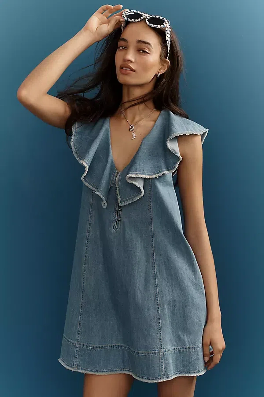 Pilcro V-neck Ruffle Denim Mini Dress In Blue | ModeSens