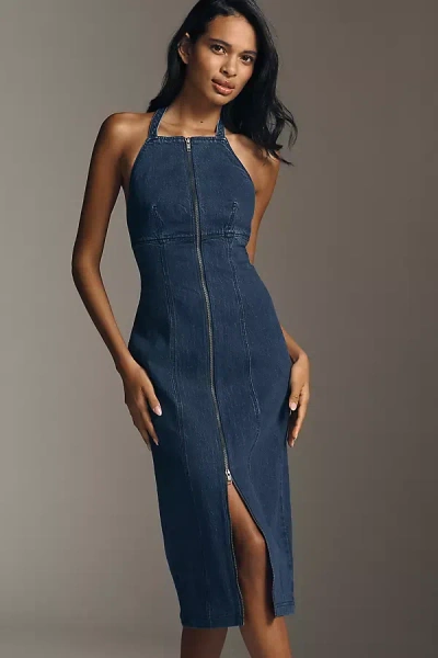 Pilcro Zip-front Denim Halter Midi Dress In Blue