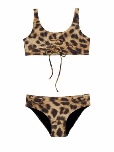 Pilyq Kids' Girls Jungle Lace Up Bikini Set In Brown In Multi