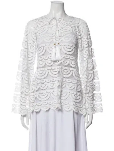 Pre-owned Pilyq Lace Pattern Tie Neck Sweater In White
