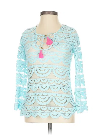 Pre-owned Pilyq Long Sleeve Top Teal Keyhole Neckline Tops In Blue