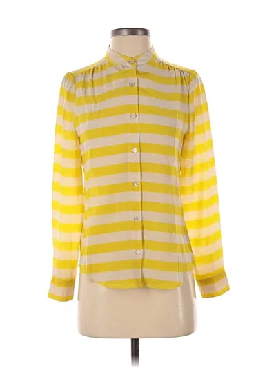 Pre-owned Pim + Larkin Long Sleeve Silk Top Yellow Stripes Pattern Mock Neckline Tops