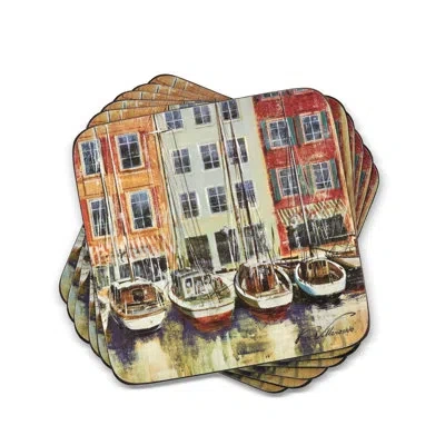 Pimpernel Boat Scene Coasters 4"x 4" In Blue,red,orange;blue,red,orange