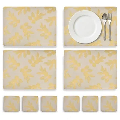 Pimpernel Sara Miller Etched Leaves Placemats & Coasters Set (light Grey) In Yellow