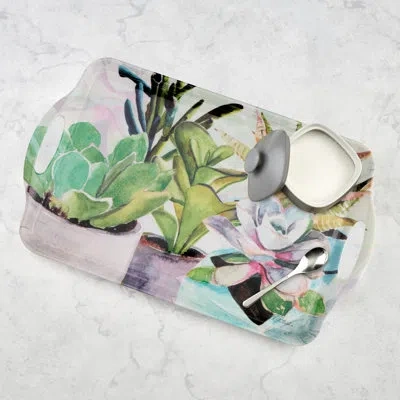 Pimpernel Succulents Large Melamine Hndld Tray 18.9 X11.6" In Green