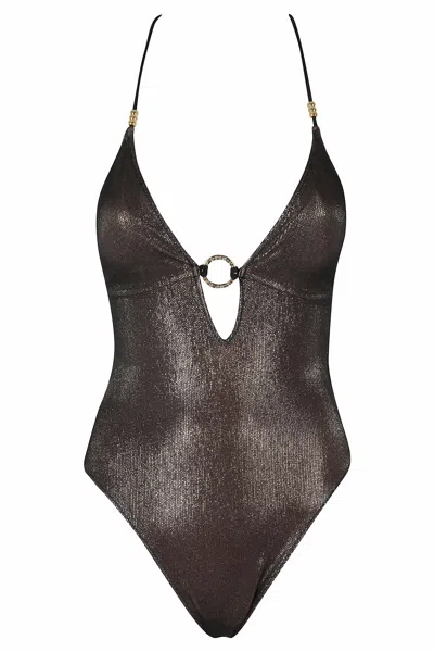 Pin Up Black Lamé Tulle Cross-back Ring Polyester Swimsuit In Brown
