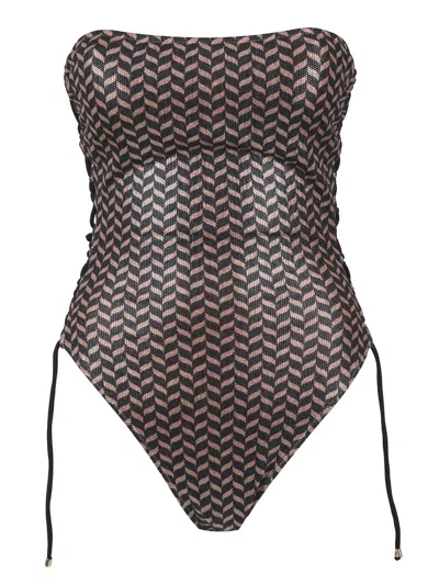 Pin Up One-piece Lamè Swimsuit With Herringbone Print In Black