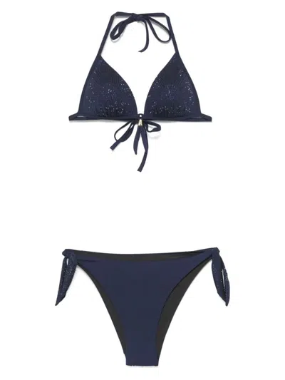 Pin Up Push Up Triangle Bikini With Rhinestones Clothing In Blue