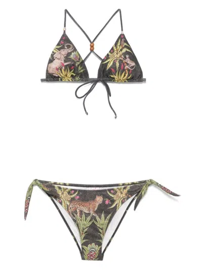 Pin Up Safari Print Triangle Bikini Clothing In Black