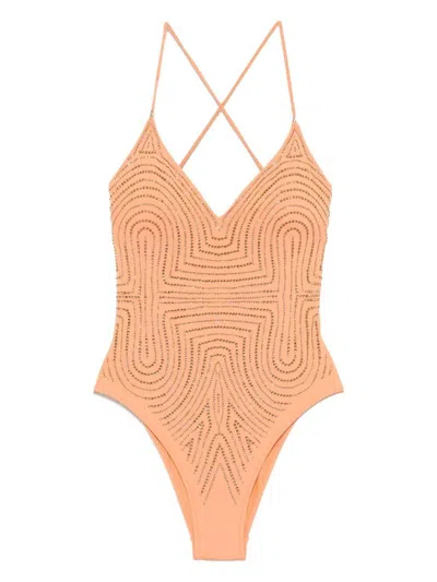 Pin Up Solid Color One-piece Swimsuit With Rhinestones Clothing In Brown