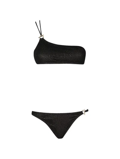 Pin Up Stars Crochet-knit One-shoulder Bikini In Black