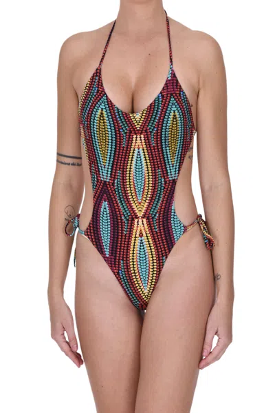 Pin Up Stars Embossed Fabric Swimsuit In Multicoloured