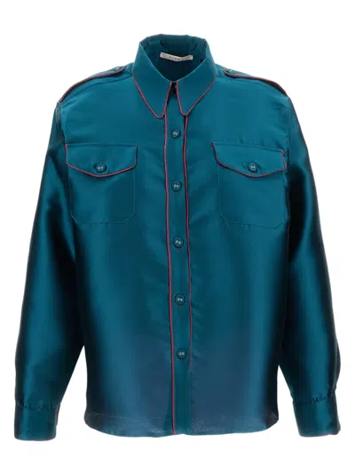 Pinag Contrast-piping Flap-pocket Silk Shirt In Blue